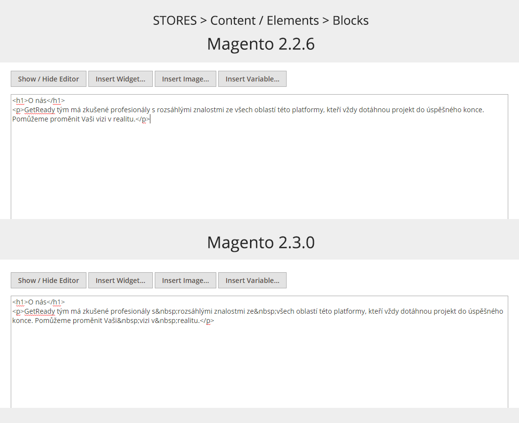 Magento WYSIWYG editor - text a nadpis H1 v HTML kódu