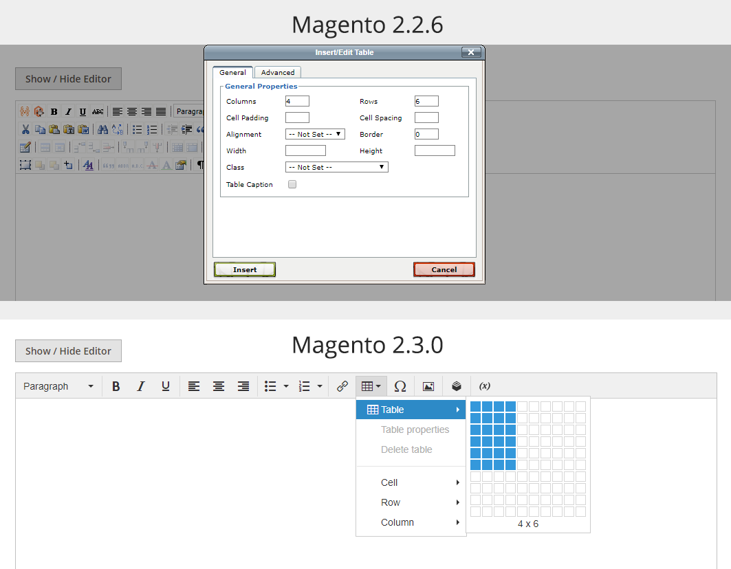 Magento - vytvoření tabulky ve starém a novém wysiwyg editoru