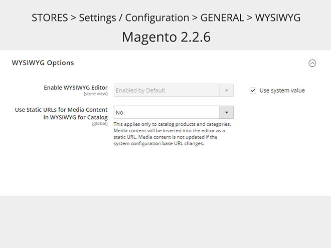 Magento 2.2.6 WYSIWYG editor - konfigurace