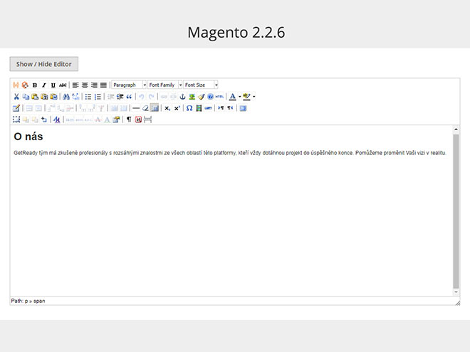 Magento 2.2.6 WYSIWYG editor - text a nadpis H1 ve wysiwyg editoru