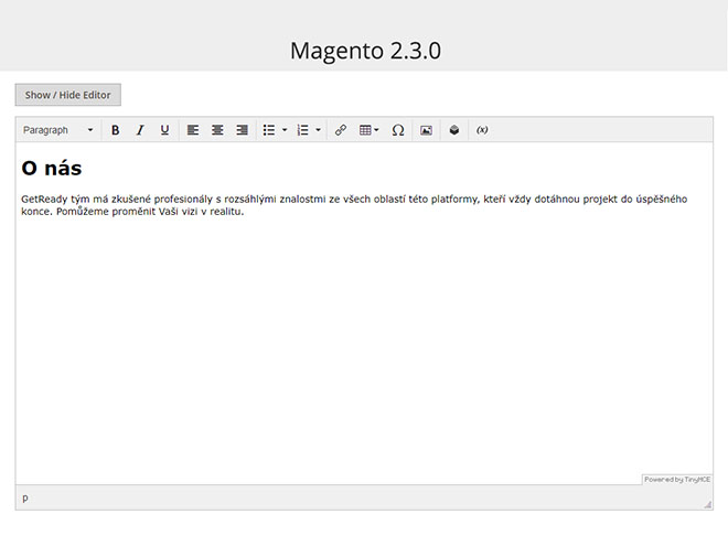 Magento 2.3.0 WYSIWYG editor - text a nadpis H1 ve wysiwyg editoru