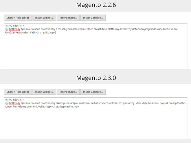 Magento 2.3.0 WYSIWYG editor - text a nadpis H1 v HTML kódu