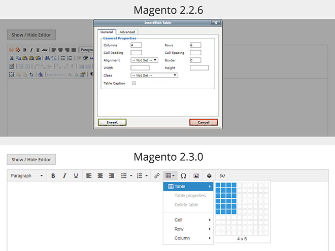 Magento - vytvoření tabulky ve starém a novém wysiwyg editoru