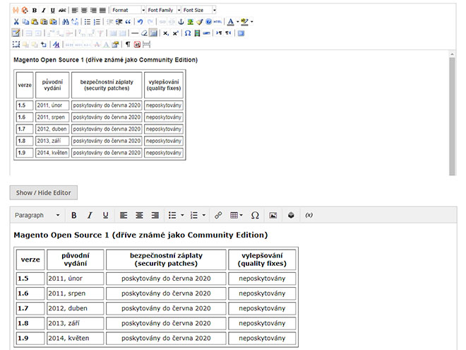 Magento - vyplněná tabulka ve starém a novém wysiwyg editoru