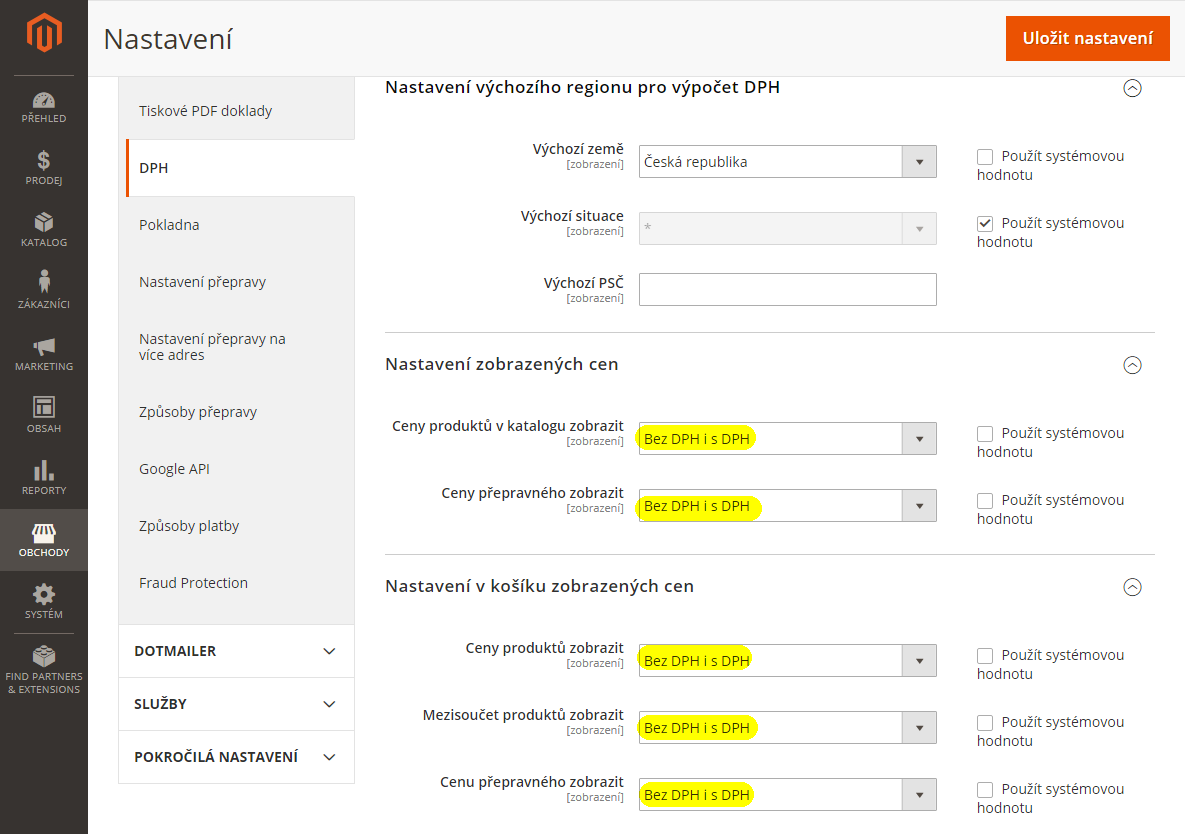 Magento 2 a DPH: nastavení zobrazení cen