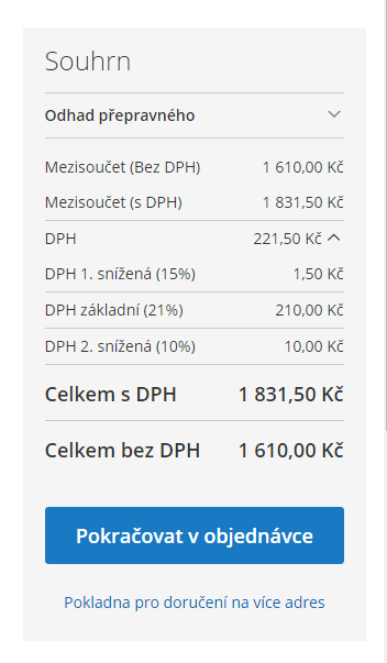 Magento 2 a DPH: souhrn cen v košíku