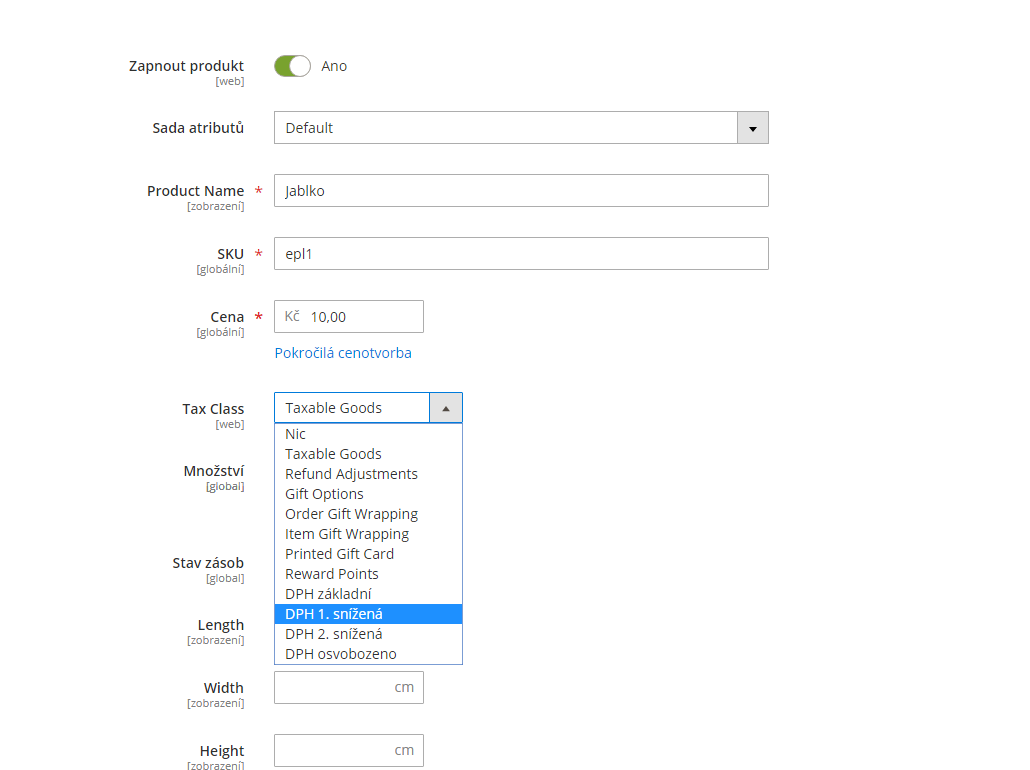 Magento 2 a DPH: přiřazení produktové daňové třídy k produktu
