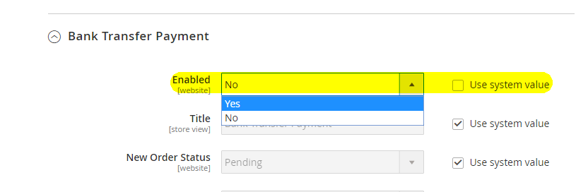 Magento2: Bank Transfer Payment = enabled