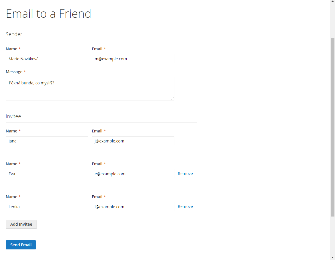 Obrázek: Ukázka formuláře pro poslání 'e-mailu příteli' (Magento2 - LUMA theme)