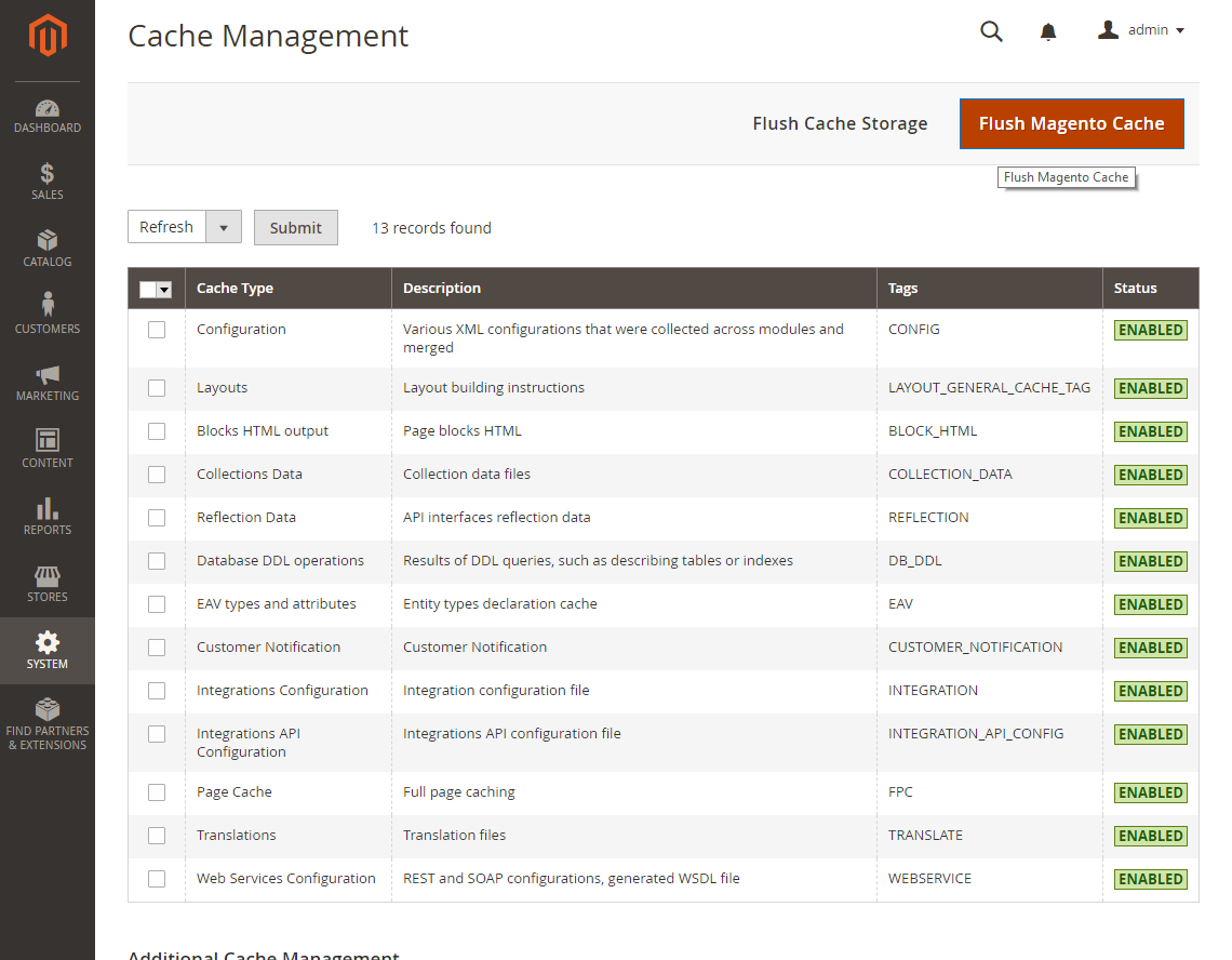 Obrázek: Magento2, administrace. Správa cache (cache management).